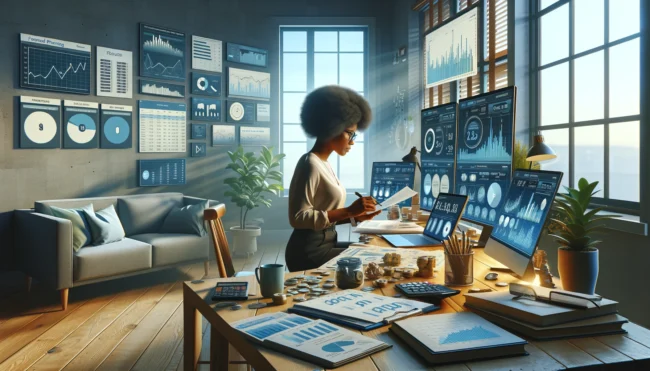 Middle-aged Black woman freelancer in a home office, surrounded by digital screens displaying financial charts, examining a document with a pen, with a laptop showing a financial spreadsheet, symbolizing proactive financial planning and freedom.